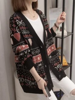 Women's Ugly Christmas Sweater Cardigan Christmas Sweaters V Neck Ribbed Knit Polyester Button Knitted Print Fall Winter Regular Outdoor Christmas Daily Stylish Casual Soft Long Sleeve Heart Letter