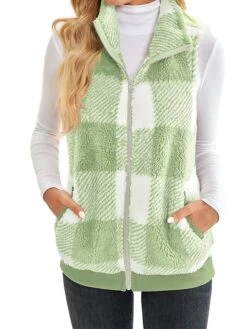 Women's Teddy Vest Fleece Plaid Sleeveless Sherpa Coat Fall Winter Thermal Warm Christmas Outerwear With Pockets Stylish Contemporary Modern Style Jacket Sleeveless -Xmas Cothing Store lcjkki1692264945277