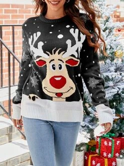 Women's Ugly Christmas Sweater Pullover Sweater Jumper Turtleneck Ribbed Knit Acrylic Patchwork Fall Winter Regular Xmas Daily Going Out Stylish Casual Soft Long Sleeve Elk Black Red S M L -Xmas Cothing Store lckeaw1695029174078