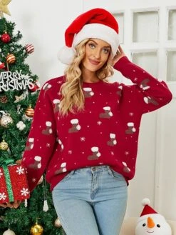 Women's Pullover Sweater Jumper Crew Neck Crochet Knit Acrylic Polyester Embroidery Spring Fall Winter Christmas Daily Holiday Xmas Stylish Ethnic Style Casual Long Sleeve Snowflake Red Green S M L