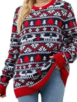 Women's Ugly Christmas Sweater Pullover Sweater Jumper Crew Neck Ribbed Knit Polyester Knitted Print Fall Winter Xmas Holiday Stylish Casual Soft Long Sleeve Christmas Tree Snowflake Argyle Red -Xmas Cothing Store lgfwws1664518152791
