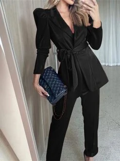 Women's Blazer Suits Velvet Christmas 2 Piece Blazer & Pants Party Wear Office Work Xmas Casual Jakcet Single Breasted Coat With Belt Fashion Street Wear -Xmas Cothing Store lglqnj1690534882363
