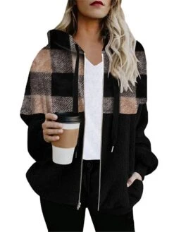 Women's Winter Sherpa Jacket Christmas Plaid Fleece Teddy Coat With Hood Fall Zipper Coat Warm Windproof Stylish Casual Street Xmas Jacket Long Sleeve -Xmas Cothing Store lgvisj1692354212611