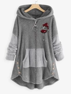 Women‘s Plus Size Christmas Fleece Jacket Teddy Coat Warm Button Pocket Hat Causal Long Sleeve Hooded Regular Winter Fall Xmas Green Pink Dark Gray L XL XXL 3XL 4XL -Xmas Cothing Store lhkaai1667564230856