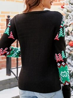 Women's Ugly Christmas Sweater Pullover Sweater Jumper Crew Neck Ribbed Knit Acrylic Patchwork Fall Winter Regular Xmas Daily Going Out Stylish Casual Soft Long Sleeve Animal Elk Snowman Black -Xmas Cothing Store lifrfj1695029189970