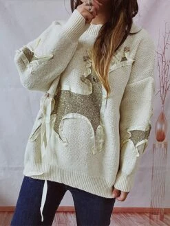 Women's Ugly Christmas Sweater Pullover Sweater Jumper Crew Neck Ribbed Knit Polyester Patchwork Fall Winter Regular Outdoor Christmas Daily Stylish Casual Soft Long Sleeve Elk Red Beige S M L -Xmas Cothing Store likmun1696918511135