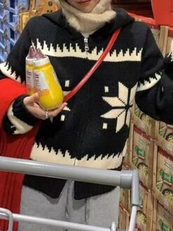 Women's Ugly Christmas Sweater Cardigan Christmas Sweaters Hooded Ribbed Knit Polyester Zipper Knitted Print Fall Winter Regular Outdoor Christmas Daily Stylish Casual Soft Long Sleeve Snowflake -Xmas Cothing Store lkluft1697290891523
