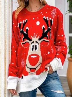 Women's Ugly Christmas Sweater Pullover Sweater Jumper Crew Neck Ribbed Knit Acrylic Knitted Fall Winter Outdoor Xmas Holiday Stylish Casual Soft Long Sleeve Elk Snowflake Wine Red S M L -Xmas Cothing Store lkvbtu1666778203252
