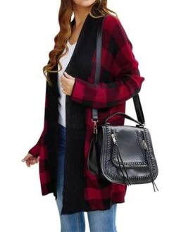 Women's Winter Coat Warm Outdoor Christmas Gifts Christmas Daily Wear Pocket Print Open Front Collarless Active Casual Daily Xmas Comfortable Street Style Plaid Regular Fit Outerwear Long Sleeve Fall -Xmas Cothing Store lkvqoy1661164202634