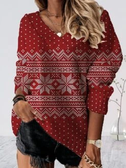 Women's Pullover Sweater Jumper V Neck Crochet Knit Polyester Print Drop Shoulder Fall Winter Tunic Christmas Stylish Casual Soft Long Sleeve Xmas Snowflake White Wine Red S M L -Xmas Cothing Store lkzkzd1693393397333