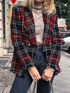 Women's Blazer Formal Button Plaid Warm Christmas Streetwear Regular Fit Outerwear Xmas Long Sleeve Fall Claret S -Xmas Cothing Store llirka1692767162560