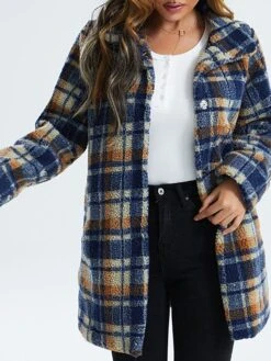 Women's Fleece Jacket Sherpa Jacket Coat Warm Breathable Outdoor Christmas Daily Vacation Xmas Pocket Single Breasted Turndown Plush Comfortable Street Style Shacket Plaid Regular Fit Outerwear Long -Xmas Cothing Store llmdfr1665214321900