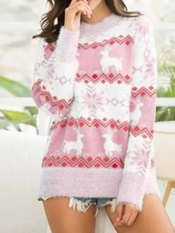 Women's Ugly Christmas Sweater Pullover Sweater Jumper Crew Neck Ribbed Knit Cotton Blend Knitted Fall Winter Outdoor Xmas Holiday Stylish Casual Soft Long Sleeve Snowflake Pink Red Blue S M L -Xmas Cothing Store lmkmlv1666778107979