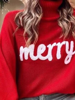 Women's Ugly Christmas Sweater Pullover Sweater Jumper Turtleneck Ribbed Knit Acrylic Oversized Batwing Sleeve Fall Winter Regular Xmas Daily Going Out Stylish Casual Soft Long Sleeve Letter Red -Xmas Cothing Store lmlvij1695209501739