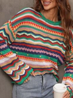 Women's Pullover Sweater Jumper Crew Neck Cable Crochet Knit Acrylic Cotton Blend Patchwork Hollow Knitted Fall Winter Outdoor Xmas Christmas Daily Stylish Casual Soft Long Sleeve Color Block Striped