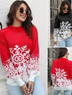 Women's Ugly Christmas Sweater Pullover Sweater Jumper Crew Neck Ribbed Knit Acrylic Oversized Fall Winter Short Xmas Daily Going Out Stylish Casual Soft Long Sleeve Snowflake Black Red S M L