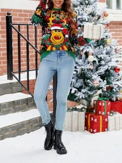 Women's Ugly Christmas Sweater Pullover Sweater Jumper Crew Neck Chunky Knit Acrylic Patchwork Drop Shoulder Spring Fall Winter Regular Party Xmas Stylish Long Sleeve Animal Black S M L -Xmas Cothing Store lohuch1695029614870