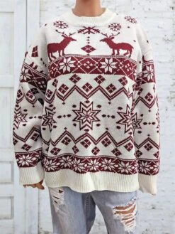 Women's Ugly Christmas Sweater Pullover Sweater Jumper Christmas Sweaters Crew Neck Ribbed Knit Acrylic Knitted Fall Winter Regular Outdoor Christmas Daily Fashion Casual Soft Long Sleeve Elk -Xmas Cothing Store lojhfp1697626886466