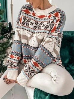 Women's Ugly Christmas Sweater Pullover Sweater Jumper Crew Neck Ribbed Knit Polyester Oversized Fall Winter Regular Outdoor Xmas Daily Stylish Casual Soft Long Sleeve Geometric Elk Snowflake