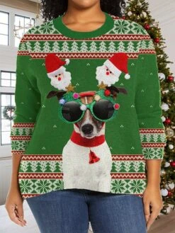 Women's Ugly Christmas Sweater Plus Size Pullover Sweater Jumper Jumper Ribbed Knit Regular Print Animal Crew Neck Stylish Casual Outdoor Xmas Fall Winter Army Green Green XL 2XL 3XL