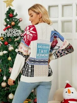 Women's Pullover Sweater Jumper Crew Neck Chunky Knit Acrylic Polyester Print Spring Fall Winter Tunic Christmas Daily New Year Xmas Stylish Casual Long Sleeve Color Block Snowflake Red Beige S M L -Xmas Cothing Store lsuzcn1693896440009