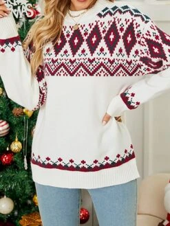 Women's Ugly Christmas Sweater Pullover Sweater Jumper Turtleneck Ribbed Knit Acrylic Knitted Fall Winter Xmas Holiday Stylish Casual Soft Long Sleeve Geometric Red Beige S M L -Xmas Cothing Store lsyele1665489479581