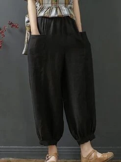 Women‘s Bloomers Baggy Cropped Pants Ankle-Length Cotton Pocket Cotton Linen Micro-elastic High Waist Streetwear Xmas Simple Outdoor Christmas Rice White Black M L Summer Fall -Xmas Cothing Store ltlhhr1690959769460
