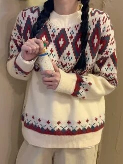 Women's Ugly Christmas Sweater Cardigan Sweater Crew Neck Ribbed Knit Knit Patchwork Oversized Fall Winter Regular Outdoor Christmas Daily Stylish Vintage Style Casual Long Sleeve Geometric Red Beige -Xmas Cothing Store luroil1696903359580