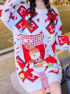 Women's Ugly Christmas Sweater Pullover Sweater Jumper Crew Neck Ribbed Knit Acrylic Knitted Fall Winter Outdoor Xmas Daily Stylish Casual Soft Long Sleeve Geometric Letter Santa Claus White Red -Xmas Cothing Store lvhtxb1668219589993