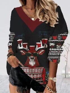 Women's Ugly Christmas Sweater Pullover Sweater Jumper V Neck Ribbed Knit Polyester Patchwork Fall Winter Regular Outdoor Xmas Holiday Stylish Casual Soft Long Sleeve Animal Elk Print Black White