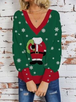Women's Ugly Christmas Sweater Pullover Sweater Jumper V Neck Crochet Knit Print Drop Shoulder Fall Winter Regular Christmas Stylish Casual Soft Long Sleeve Santa Claus Snowflake Black Wine Army Green -Xmas Cothing Store lvixjz1697771293707