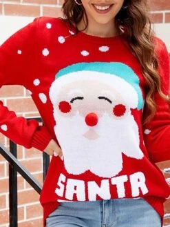 Women's Ugly Christmas Sweater Pullover Sweater Jumper Crew Neck Ribbed Knit Acrylic Patchwork Fall Winter Regular Xmas Daily Going Out Stylish Casual Soft Long Sleeve Santa Claus Red S M L -Xmas Cothing Store lvjxzm1695029176665