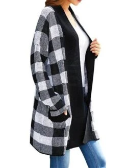 Women's Winter Coat Warm Outdoor Christmas Gifts Christmas Daily Wear Pocket Print Open Front Collarless Active Casual Daily Xmas Comfortable Street Style Plaid Regular Fit Outerwear Long Sleeve Fall -Xmas Cothing Store lvwmvu1661164203978
