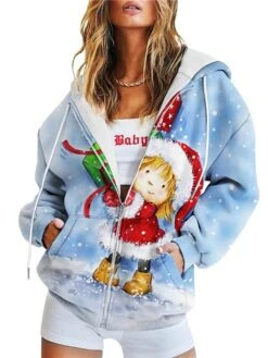 Women's Teddy Coat Hoodie Jacket Warm Breathable Outdoor Christmas Daily Wear Vacation Pocket Print Zipper Hoodie Active Sports Comfortable Xmas Snowman Regular Fit Outerwear Long Sleeve Fall -Xmas Cothing Store lvwyja1667452652596
