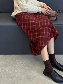 Women's Skirt Long Skirt Midi Cotton Wine Skirts Fall & Winter Plaid Print High Waist Fashion Elegant Christmas Street Xmas S M L -Xmas Cothing Store lxcacf1695351450919