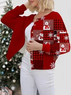 Women's Ugly Christmas Sweater Cardigan Sweater Jacket Crew Neck Ribbed Knit Polyester Button Knitted Print Fall Winter Short Outdoor Christmas Holiday Daily Stylish Casual Long Sleeve Plaid Snowman