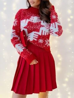 Women's Pullover Sweater Jumper Stand Collar Ribbed Knit Polyester Print Fall Winter Christmas Daily Going Out Xmas Stylish Casual Soft Long Sleeve Snowflake Red S M L -Xmas Cothing Store lyekbc1693391503175