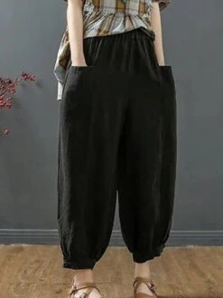 Women‘s Bloomers Baggy Cropped Pants Ankle-Length Cotton Pocket Cotton Linen Micro-elastic High Waist Streetwear Xmas Simple Outdoor Christmas Rice White Black M L Summer Fall -Xmas Cothing Store lysnqy1690959769050