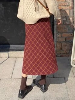 Women's Skirt Long Skirt Midi Cotton Wine Skirts Fall & Winter Plaid Print High Waist Fashion Elegant Christmas Street Xmas S M L -Xmas Cothing Store lyxeby1695351440554