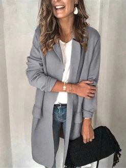 Women's Blazer Long Overcoat Christmas Winter Coat Open Front Lapel Trench Coat Fall Pink Jacket Long Sleeve With Pockets Black Gray Pink -Xmas Cothing Store lyzhxe1639989103060