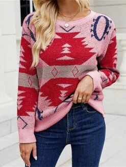 Women's Pullover Sweater Jumper Crew Neck Ribbed Knit Polyester Oversized Fall Winter Short Christmas Daily Going Out Xmas Stylish Casual Soft Long Sleeve Geometric Pink Apricot Grey S M L -Xmas Cothing Store lzvsmp1695175917880