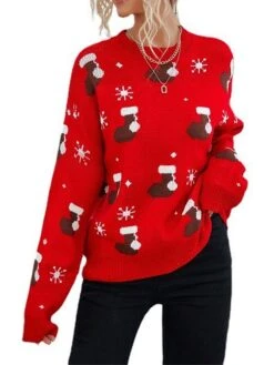 Women's Ugly Christmas Sweater Pullover Sweater Jumper Crew Neck Ribbed Knit Polyester Patchwork Fall Winter Regular Outdoor Christmas Daily Stylish Casual Soft Long Sleeve Geometric Snowflake Red -Xmas Cothing Store lzxdsa1697103887820
