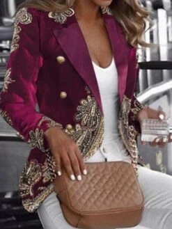 Women's Blazer Lightweight Comfortable School Xmas Party Office Christmas Print Open Front Lapel Contemporary OL Style Baroque Career Print Regular Fit Outerwear Long Sleeve Spring Fall Purple S