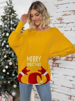 Women's Pullover Sweater Jumper Crew Neck Ribbed Knit Print Fall Winter Regular Christmas Stylish Soft Long Sleeve Letter Santa Claus Yellow Red S M L