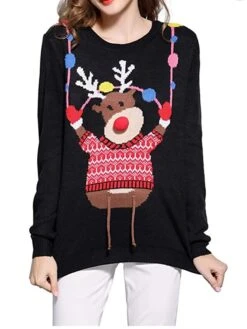 Women's Ugly Christmas Xmas Sweater Pullover Sweater Jumper Crew Neck Ribbed Knit Acrylic Knitted Fall Winter Outdoor Christmas Daily Stylish Casual Soft Long Sleeve Animal Black S M L