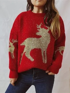 Women's Ugly Christmas Sweater Pullover Sweater Jumper Crew Neck Ribbed Knit Acrylic Oversized Fall Winter Regular Outdoor Xmas Daily Stylish Casual Soft Long Sleeve Elk Red Beige S M L -Xmas Cothing Store mbfcbv1696823462699