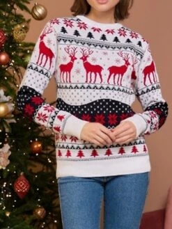 Women's Pullover Sweater Jumper Crew Neck Ribbed Knit Polyester Oversized Fall Winter Short Christmas Daily Going Out Xmas Stylish Casual Soft Long Sleeve Elk Snowflake White-Men's White-women's Model -Xmas Cothing Store mbkugv1695175910036