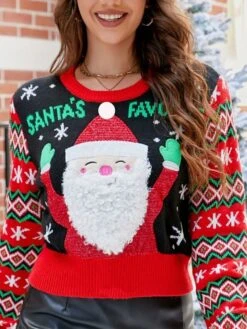 Women's Ugly Christmas Sweater Pullover Sweater Jumper Crew Neck Ribbed Knit Acrylic Patchwork Fall Winter Short Xmas Daily Going Out Stylish Casual Soft Long Sleeve Santa Claus Black S M L -Xmas Cothing Store mblzxk1695029181722