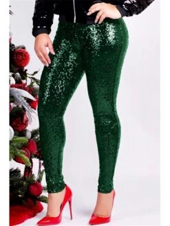 Women's Tights Leggings Red & White Green Apricot Fashion Sparkle Sparkle & Shine Xmas Party Christmas Street Sequins Stretchy Full Length Comfort Plain S M L XL XXL -Xmas Cothing Store mbwyqe1666261345559