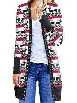 Women's Ugly Christmas Sweater Cardigan Sweater Jacket V Neck Ribbed Knit Polyester Button Knitted Print Fall Winter Long Outdoor Christmas Daily Fashion Casual Soft Long Sleeve Plaid Elk Christmas -Xmas Cothing Store mcivhx1697290886823
